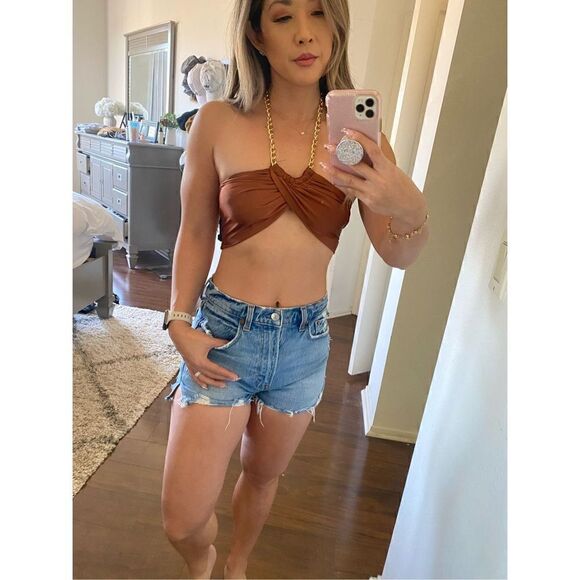 TOP CHIC M satin wrap chain link crop top in copper brown - Picture 1 of 4